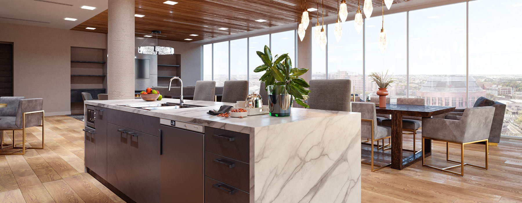 sky lounge rendering with kitchen, floor-to-ceiling windows and views of downtown