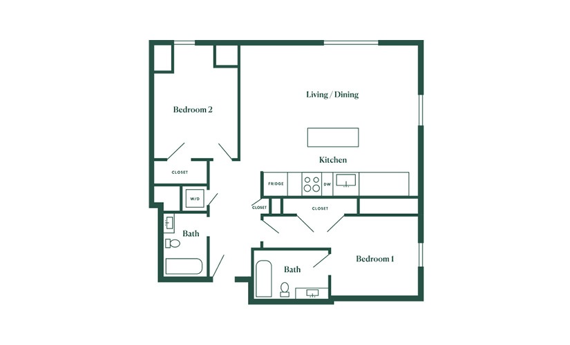 E2 2 Bedroom 2 Bath Floorplan